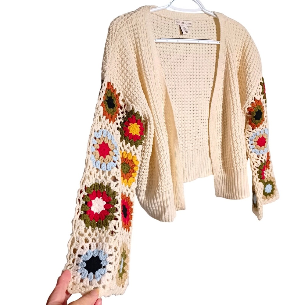 Sincerely Jules Ivory Granny Square Bell Sleeves Open Front Crochet M Cardigan